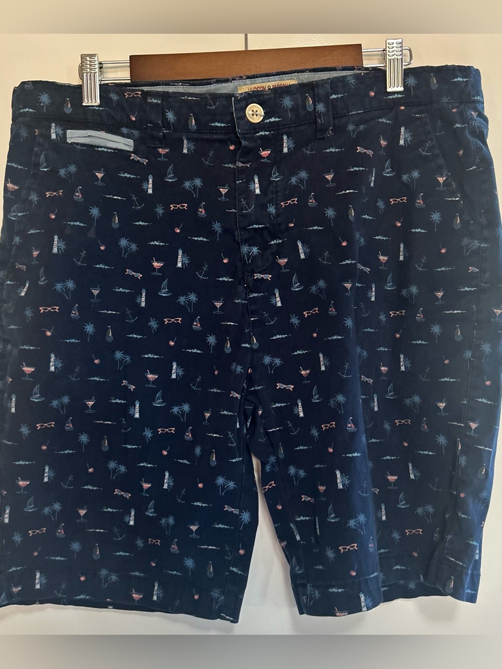 Vacation Shorts Hudson & Barrow Men Size 36 Blue Pockets palm trees shades boats